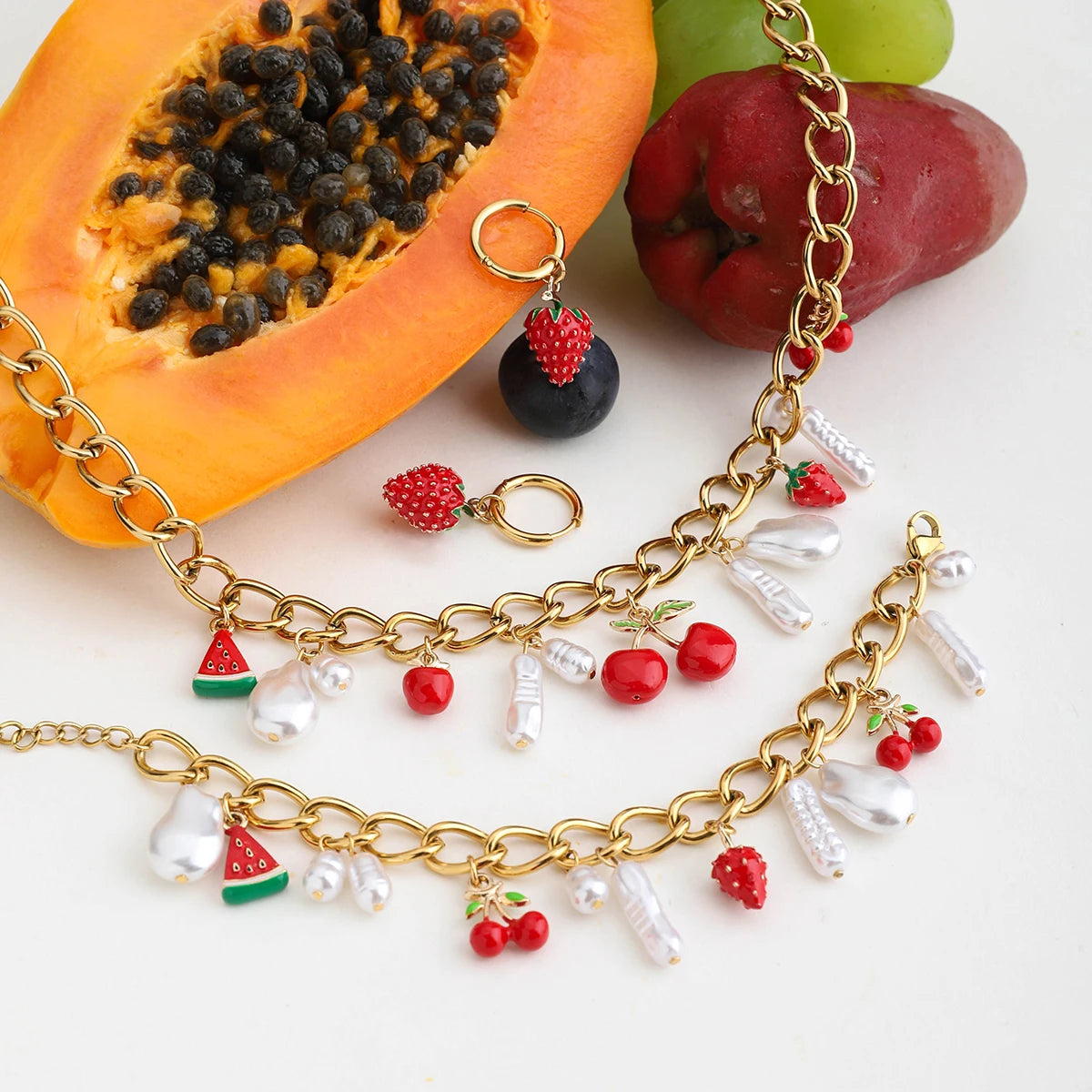 Collier & bracelet cerise perle – Douceur fruitée