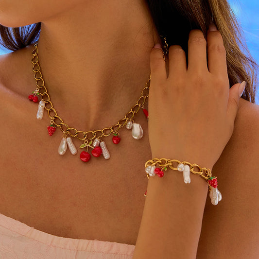 Collier & bracelet cerise perle – Douceur fruitée