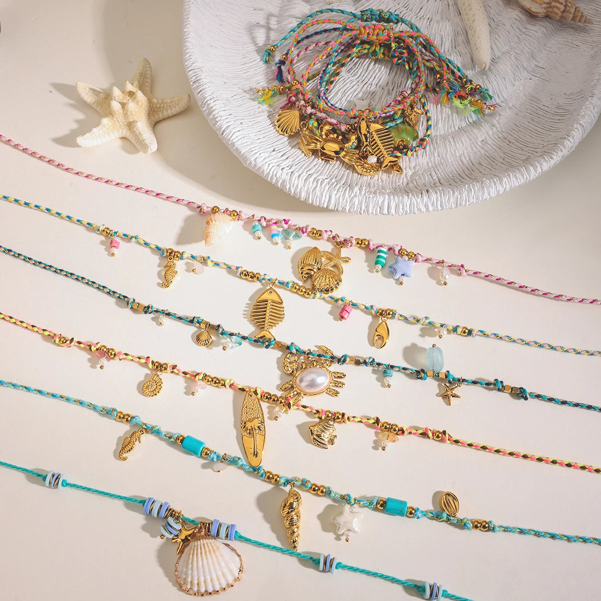 Collier bohème coloré – Coquillages & étoiles de mer